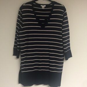 Isela Knit Sweater XXL Navy Tan‎ Striped V-Neck Lattice 3/4 Sleeve Excellent